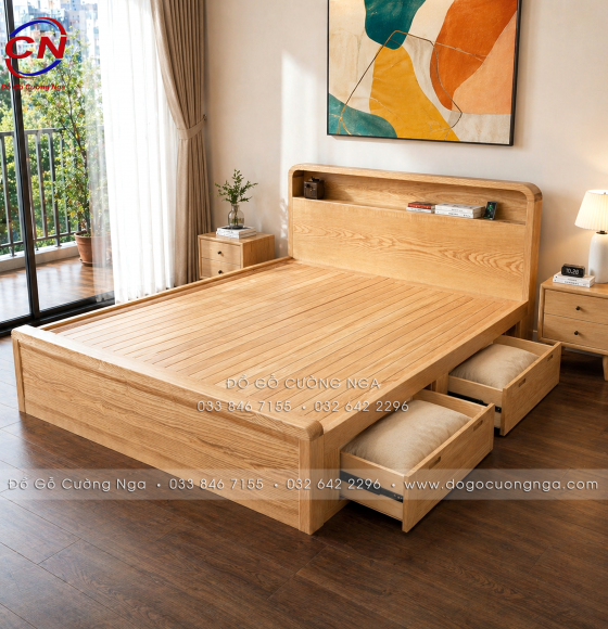 Giường Ngủ Gỗ Sồi Màu Tự Nhiên 2 Ngăn Kéo Kết Hợp Kệ Đầu Giường Hiện Đại - Phản Thưa