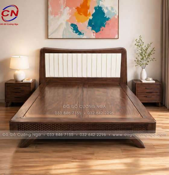 Giường Ngủ Gỗ Hương Xám Màu Óc Chó Kiểu Nhật Mẫu Trám Bọc Nệm Hiện Đại