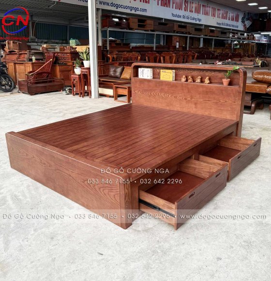 Giường Ngủ Gỗ Sồi Màu Óc Chó 2 Ngăn Kéo Kết Hợp Kệ Đầu Giường Hiện Đại - Phản Thưa