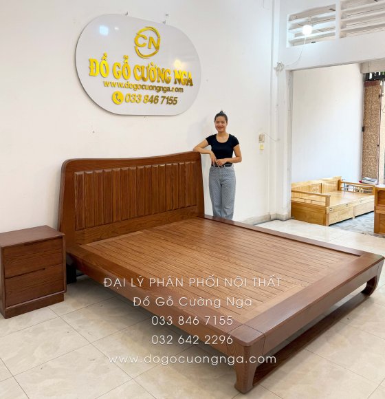 Giường ngủ kiểu nhật chân quỳ gỗ sồi nga màu óc chó hiện đại - vạt phản