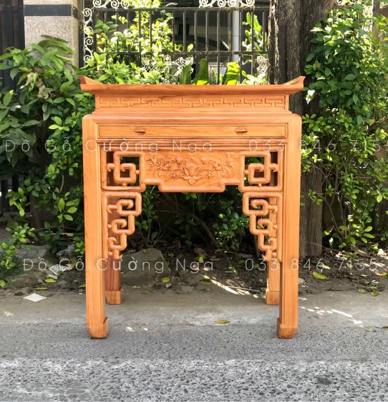 Bàn thờ gỗ gõ đỏ 1m07 hiện đại - chạm sen 