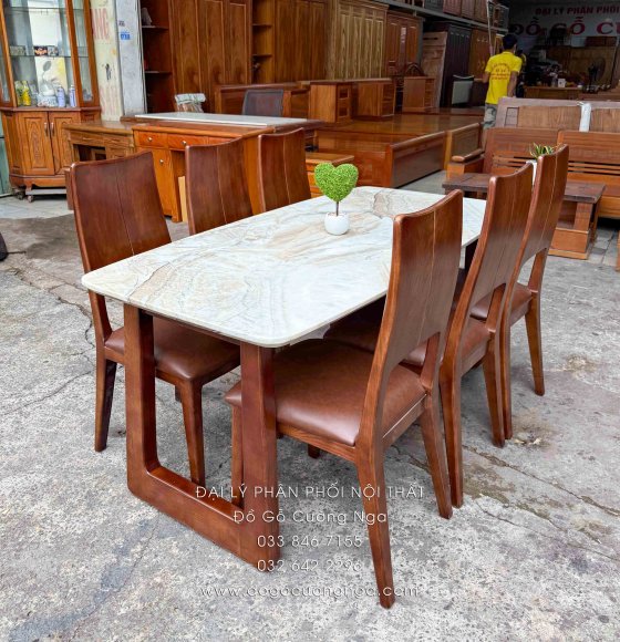 Bàn Ăn Gỗ Sồi Nga Mặt Đá 6 Ghế Nệm Lau Màu Óc Chó Hiện Đại