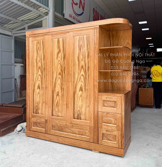 Tủ Áo Gỗ Hương Xám 3 Cánh Kèm Góc Trang Trí Bo Cạnh