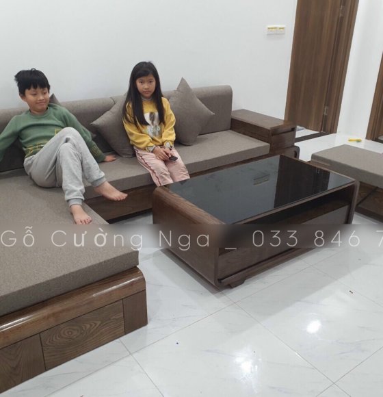 Bộ bàn ghế phòng khách sofa gỗ sồi nga màu óc chó 