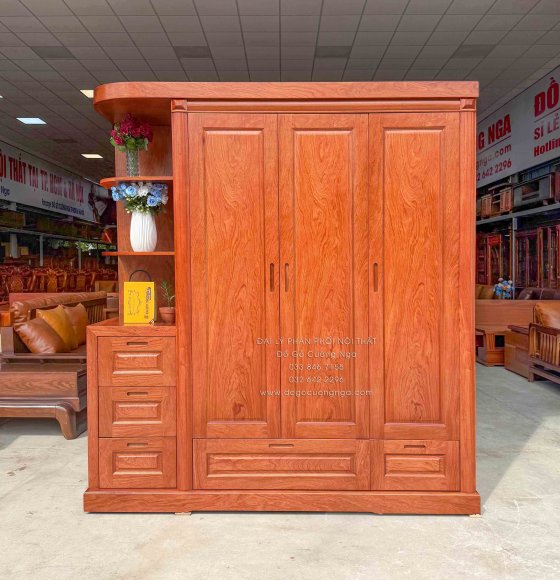 Tủ Áo Gỗ Hương Đá 3 Cánh Kèm Góc Trang Trí Bo Cạnh