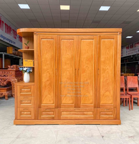 Tủ Áo Gỗ Gõ Đỏ 4 Cánh Kèm Góc Trang Trí Bo Cạnh