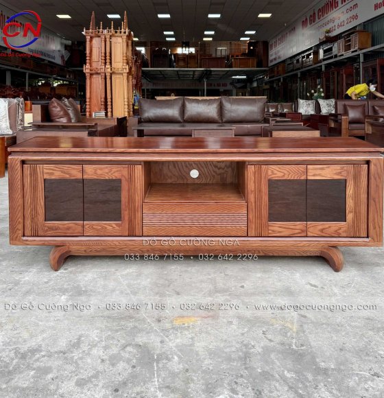 Kệ Tivi Chân Xoắn Gỗ Sồi Nga Màu Óc Chó Cánh Kính Giảm Chấn