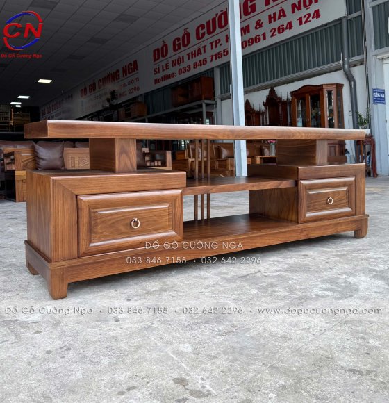 Kệ Tivi Gỗ Hương Xám Màu Óc Chó Kiểu Nhật 2 Ngăn Kéo