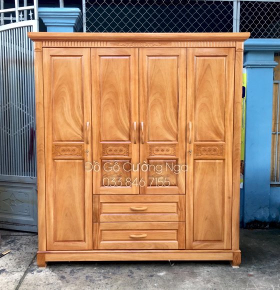 Tủ Aó Gỗ Gỗ Đỏ Mẫu Đồng Tiền 4 cánh- 2m