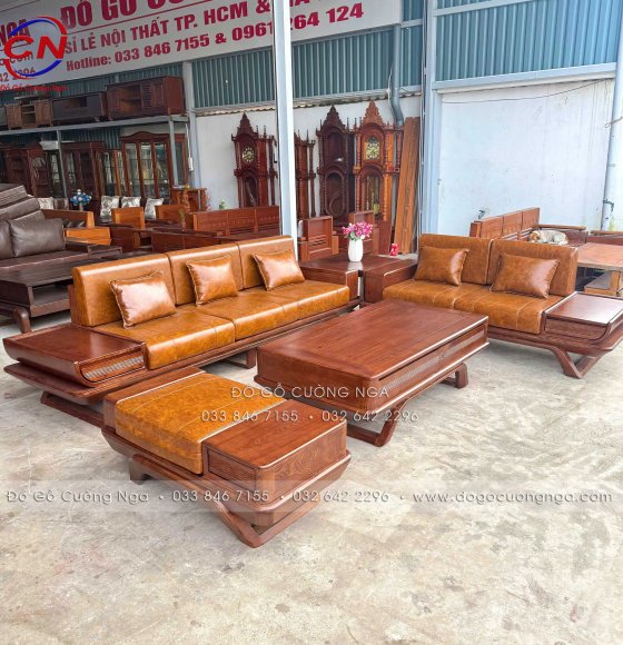 Sofa 2 Văng Gỗ Sồi Nga Màu Óc Chó Mẫu Cánh Tiên Kèm Nệm Da Sáng