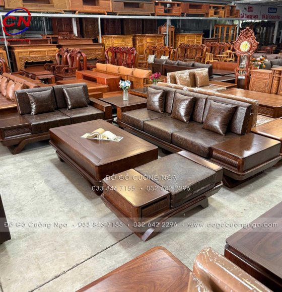 Bộ Sofa Gỗ Sồi Nga 2 Văng Chân Thuyền Màu Óc Chó Cao Cấp - Vế Trái