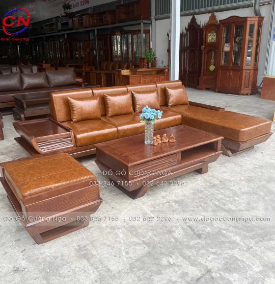 Sofa Gỗ Sồi Nga Góc L Chân Thuyền 2m85x1m8 Màu Óc Chó Nệm Da Cao Cấp