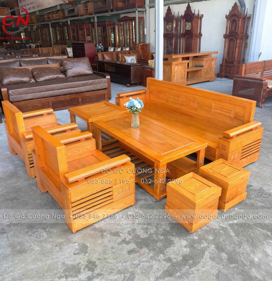 Sofa Đối Xứng Gỗ Sồi Nga Màu Gõ Đõ Lưng Liền Bộ 7 Món