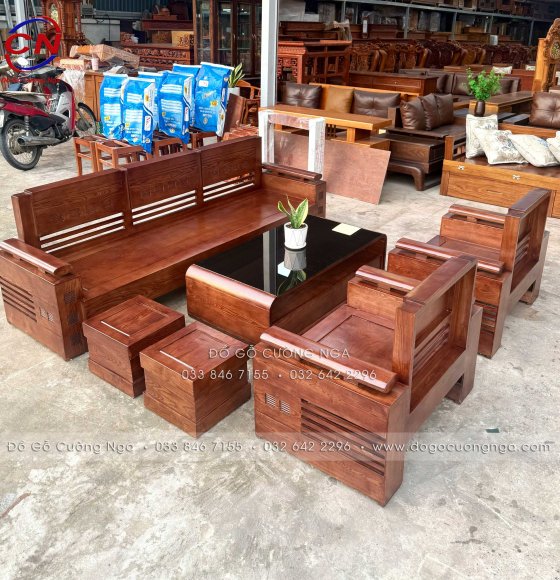Sofa Đối Xứng Tay Trứng Gỗ Sồi Màu Óc Chó 6 Món Thiết Kế Sang Trọng
