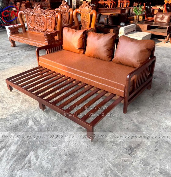 Ghế Kéo Thành Giường Gỗ Sồi Kèm Nệm Cao Cấp Màu Óc Chó
