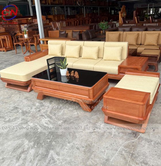 Sofa Gỗ Đinh Hương Kèm Nệm Da Màu Kem 2m9x1m8 Chân Thuyền Sang Trọng