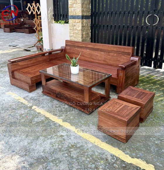 Sofa Góc L Gỗ Hương Xám Màu Óc Chó 5 Món Cho Phòng Khách Nhỏ 2m1 x 1m6