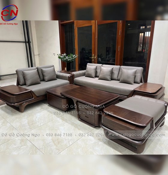Sofa Gỗ Óc Chó 2 Văng Chân Xoắn Thiết Kế Bo Cong Đương Đại