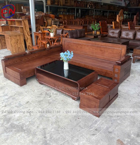 Sofa Góc L Gỗ Sồi Nga Chân Hộp 2m3x2m Bàn Boom Hiện Đại