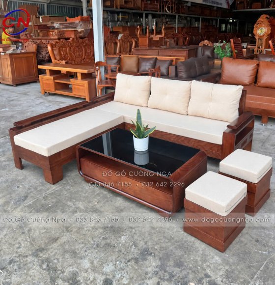 Sofa Gỗ Sồi Lau Màu Óc Chó 2m x 1m8 Kèm Nệm Vải Bố Màu Sáng