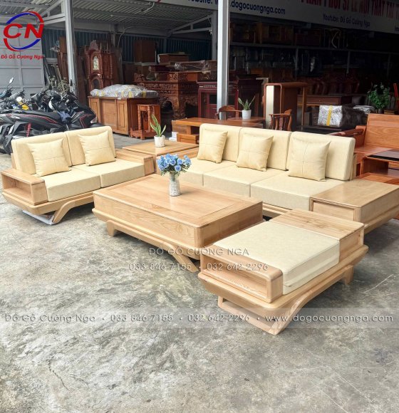 Sofa 2 Văng chân Chuyền Gỗ Sồi Nga Màu Tự Nhiên Cao Cấp - Vế Trái