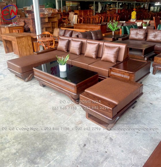 Sofa Gỗ Sồi Nga Góc L Màu Óc Chó Sơn Inchem - Chân Thuyền, Nệm Da Cleo 11