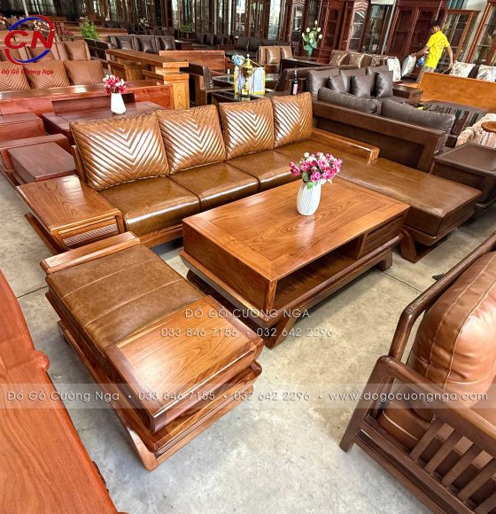 Sofa Gỗ Hương Vàng Góc L Kèm Nệm Cao Cấp - Mẫu Cánh Tiên Hiện Đại