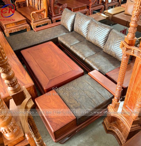 Bàn Ghế Sofa Góc L Gỗ Hương Đá 2m85x1m85 Kèm Nệm Da Cao Cấp