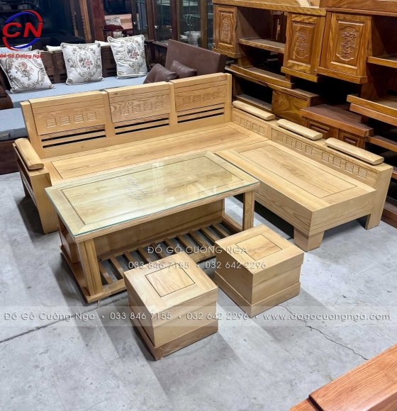 Bàn Ghế Góc Gỗ Sồi Nga Mặt Liền Tay Trứng SL 0.50