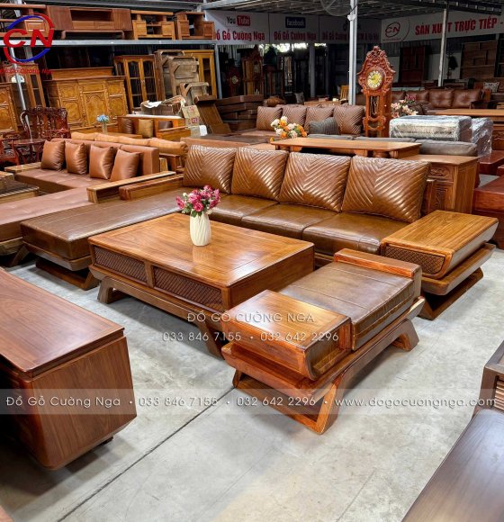 Sofa Gỗ Hương Vàng Góc L Kèm Nệm Cao Cấp - Mẫu Cánh Tiên 3m15x2m