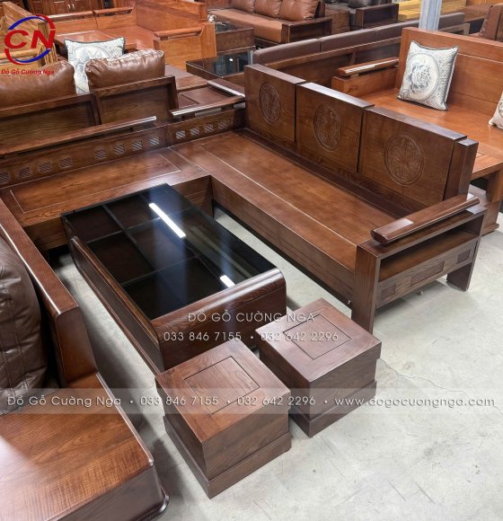 Ghế Sofa Gỗ Sồi Nga Màu Óc Chó Góc L 2mx1m8 Mẫu Trống Đồng