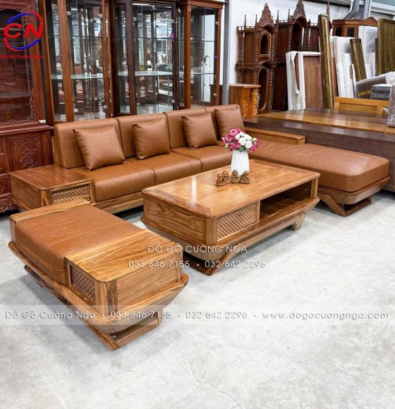 Bộ Ghế Sofa Gỗ Hương Xám Góc L Chân Thuyền Kèm Nệm 