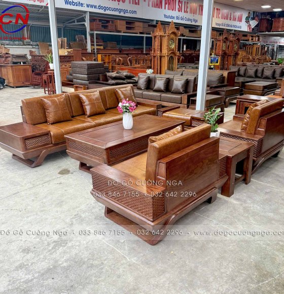 Sofa Kê Đối Xứng Gỗ Sồi Nga Màu Óc Chó Kèm Nệm Cao Su Da Sáng
