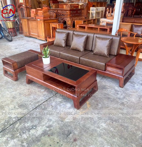 Sofa Văng Chân Choãi Gỗ Sồi Màu Óc Chó Kèm Nệm Da Trơn Calora
