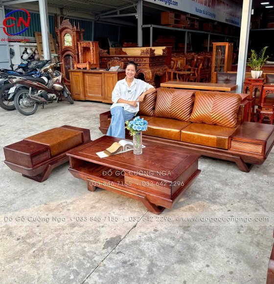 Sofa Văng Chân Thuyền Gỗ Sồi Nga Màu Óc Chó 3 Chi Tiết Kèm Nệm Cao Su