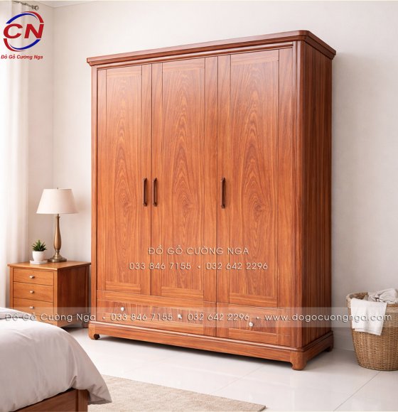 Tủ Áo Gỗ Cẩm Vân 3 Cánh 1m55 - Mẫu Trơn