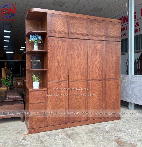 Tủ Áo Gỗ Sồi Nga Màu Óc Chó 4 Cánh Kèm Góc Kệ 2 Tầng Hiện Đại