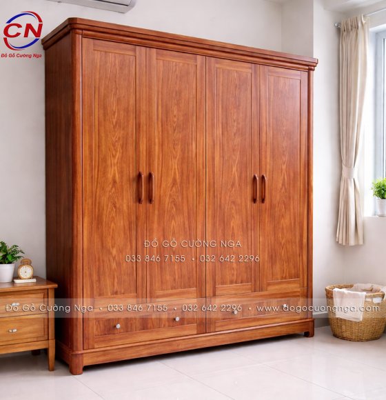 Tủ Áo Gỗ Cẩm Vân 4 Cánh 1m95 - Mẫu Trơn