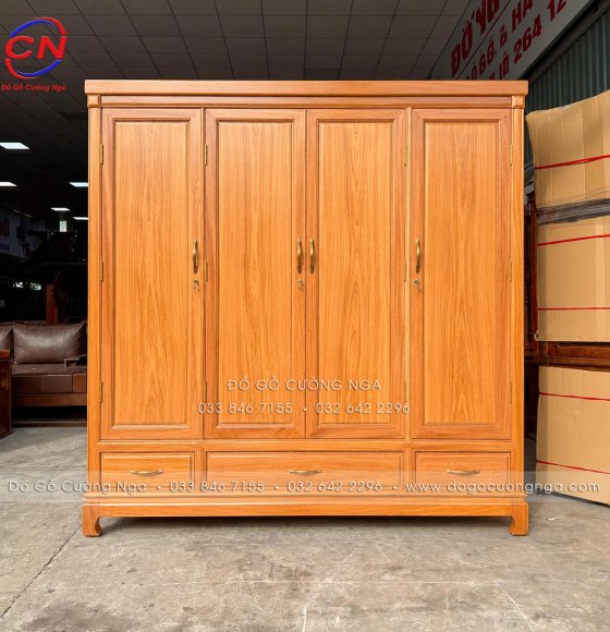 Tủ Áo Gỗ Gõ Đỏ 100% Mẫu 4 Cánh Trơn Tối Giản Hiện Đại