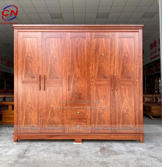 Tủ Áo Gỗ Cẩm 5 Cánh Hiện Đại – Tối Ưu Công Năng, Dài 2m35
