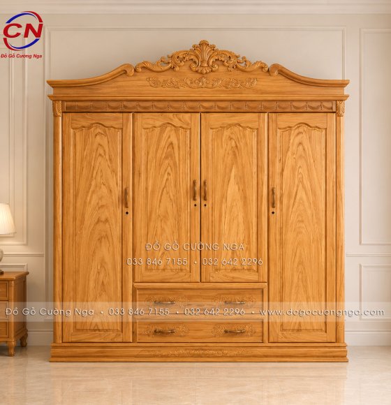 Tủ Áo Gỗ Gõ Đỏ 100% Mẫu 4 Cánh Tân Cổ Điển Nóc Chạm Hoa Tây