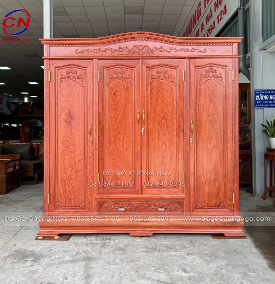 Tủ Áo Gỗ Hương Đá 100% Mẫu 4 Cánh Chạm Hoàng Gia - Bản Lề To