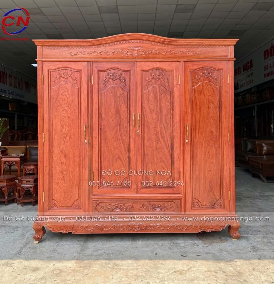Tủ Áo Gỗ Hương Đá 100% Mẫu 4 Cánh Chạm Hoàng Gia - Bản Lề Nhỏ