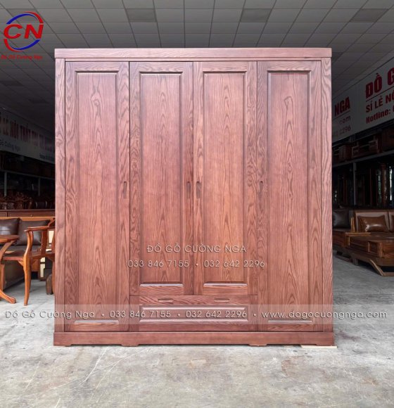 Tủ Áo Gỗ Sồi Nga Màu Óc Chó 4 Cánh Sơn Inchem, Bản Lề Giảm Chấn