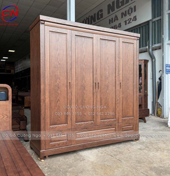 Tủ Áo Gỗ Sồi Nga 4 Cánh Màu Óc Chó Mẫu Trơn Đơn Giản