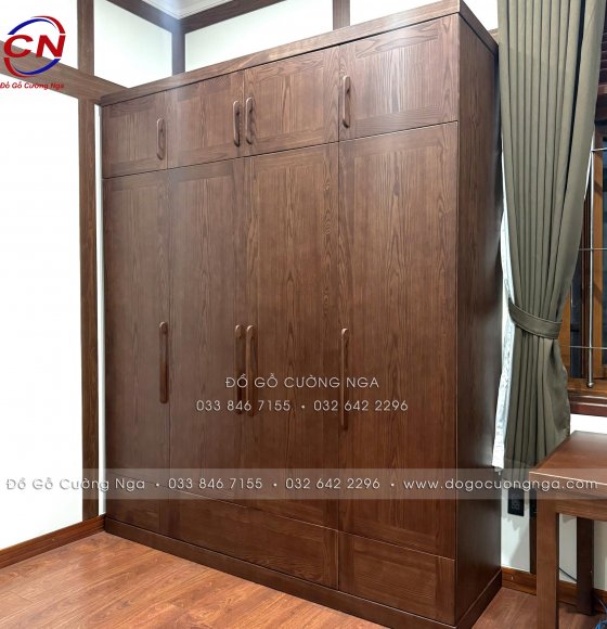 Tủ Quần Áo Gỗ Sồi Nga Màu Óc Chó 4 Cánh 2 Tầng Hợp Nhà Phố Chung Cư