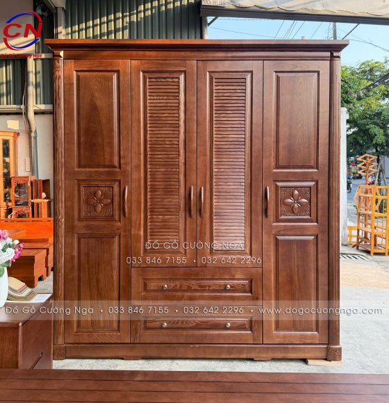 Tủ Áo Gỗ Sồi Nga 4 Cánh Lau Màu Óc Chó Hiện Đại