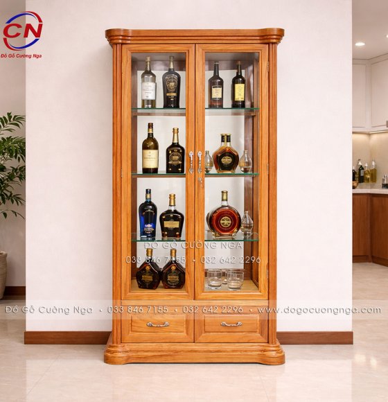 Tủ Rượu Vuông Gỗ Gõ Đỏ 2 Cánh 1m05 Bo Góc Đẹp Cao Cấp