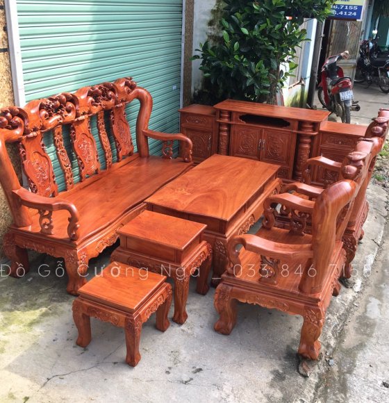 Bộ Salon Gỗ Tay 12 Kèm Kệ TiVi Gỗ Hương Đá 