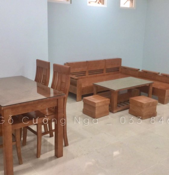 Bộ bàn ăn 4 ghế và sofa góc L gỗ sồi nga giao khách ( Gò Vấp ) 